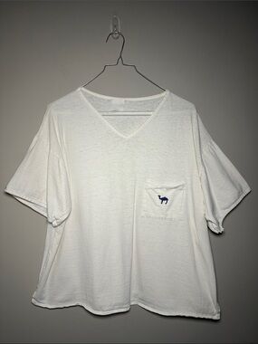 White V-Neck vintage Pocket Tee with purple Camel Motif